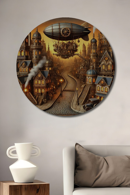 Steampunk Şehir Manzarası Dekoratif Ahşap Mdf Yuvarlak Ev,İşyeri Duvar Tablo