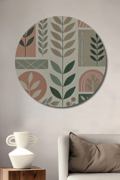 Retro Yaprak Desenli Ahşap Mdf Dekoratif Yuvarlak Ev,İşyeri Duvar Tablo