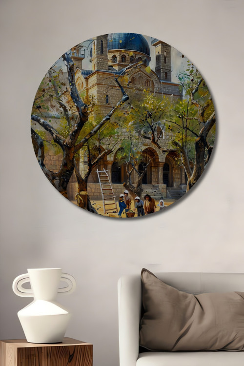 Osmanlı Mimarisi Cami Manzarası Yağlı Boya Görünümlü Ahşap Mdf Dekoratif Yuvarlak Tablo