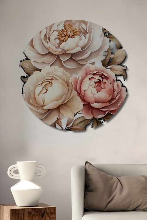 Romantik Şakayıklar Dekoratif Ahşap Mdf Yuvarlak Ev,İşyeri Duvar Tablo