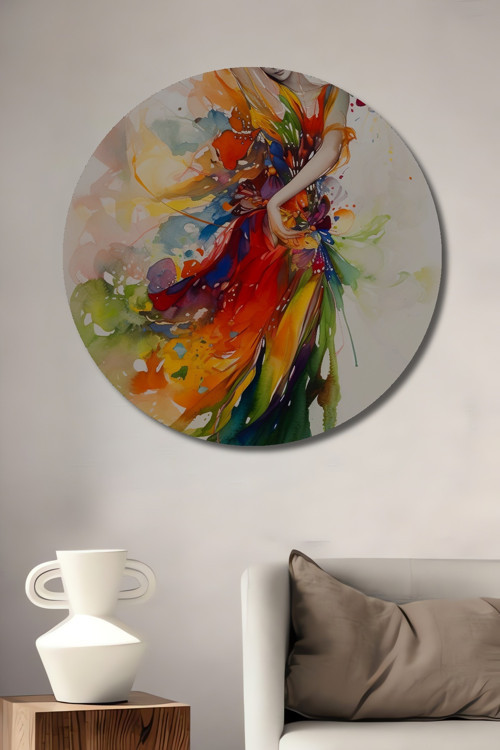 Renkli Dansçı Modern Sanat Sulu Boya Görünümlü Ahşap Dekoratif Yuvarlak Ev,İşyeri Duvar Tablo