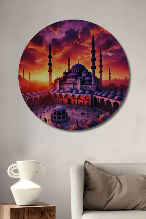 İstanbul Camii Günbatımı Yağlı Boya Görünümlü Dekoratif Ahşap Yuvarlak Ev,İşyeri Duvar Tablo