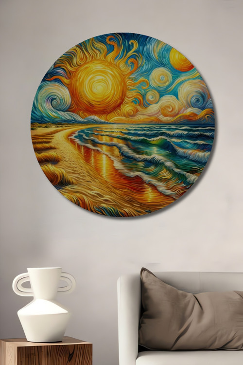 Van Gogh Tarzı Güneşli Deniz Dekoratif Ahşap Mdf Yuvarlak Ev,İşyeri Duvar Tablo