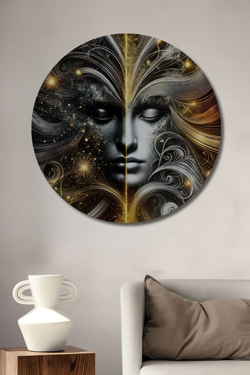 Kozmik Yüz Geometri Soyut Sanat Dekoratif Ahşap Mdf Yuvarlak Ev,İşyeri Duvar Tablo