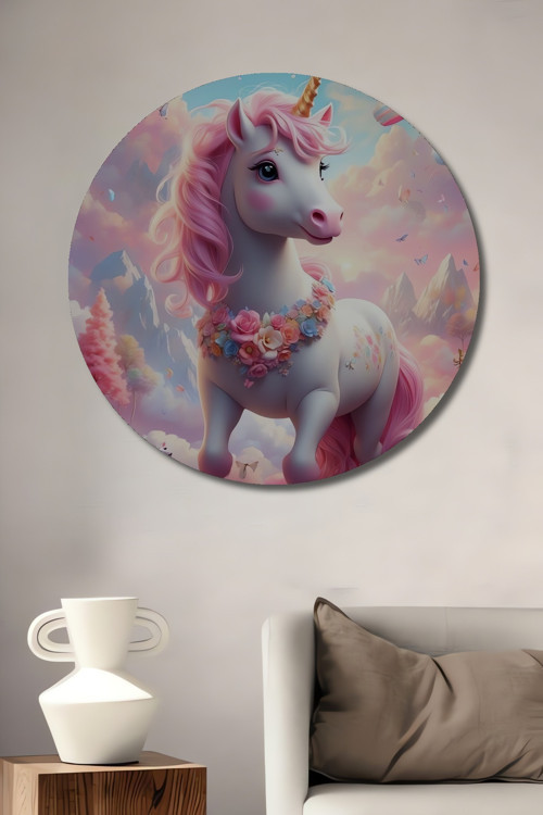 Pembe Büyülü Unicorn Yağlı Boya Görünümlü Dekoratif Ahşap Yuvarlak Ev,İşyeri Duvar Tablo