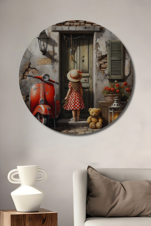 Kırmızı Vespa Romantik Anı Ahşap Mdf Dekoratif Yuvarlak Ev,İşyeri Duvar Tablo