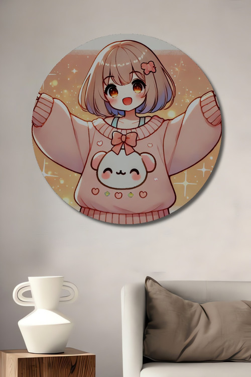 Sevimli Anime Kız Dekoratif Ahşap Mdf Yuvarlak Ev,İşyeri Duvar Tablo