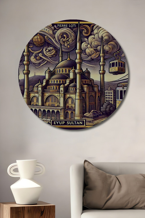 Eyüp Sultan İstanbul Manzarası Ahşap Mdf Dekoratif Yuvarlak Ev,İşyeri Duvar Tablo