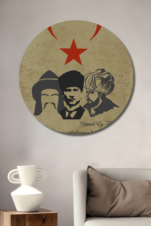 Atatürk Temalı Dekoratif Ahşap Mdf Yuvarlak Ev,İşyeri Duvar Tablo