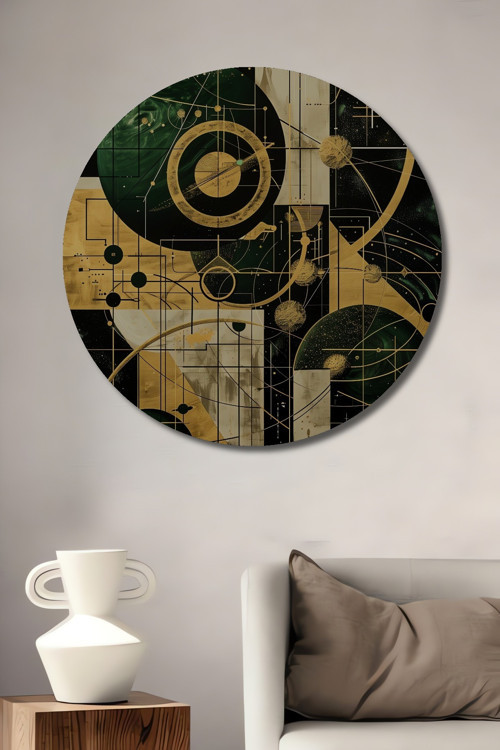 Geometrik Soyut Sanat Yağlı Boya Görünümlü Dekoratif Ahşap Yuvarlak Ev,İşyeri Duvar Tablo