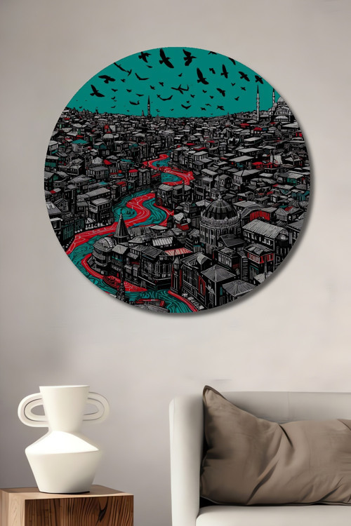İstanbul Kuşbakışı Soyut Sanat Ahşap Mdf Dekoratif Yuvarlak Ev,İşyeri Duvar Tablo