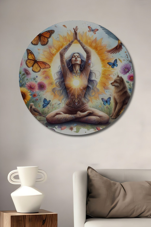 Yoga Yapan Kadın Ve Hayvanlar Sulu Boya Görünümlü Dekoratif Ahşap Yuvarlak Ev,İşyeri Duvar Tablo