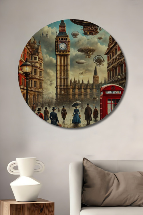 Big Ben Ve Zeplinlerle Londra Sokakları Retro Dekoratif Ahşap Yuvarlak Ev,İşyeri Duvar Tablo