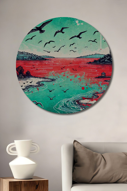 Boğazda Kuşlar Soyut Sanat Sulu Boya Görünümlü Ahşap Dekoratif Yuvarlak Ev,İşyeri Duvar Tablo
