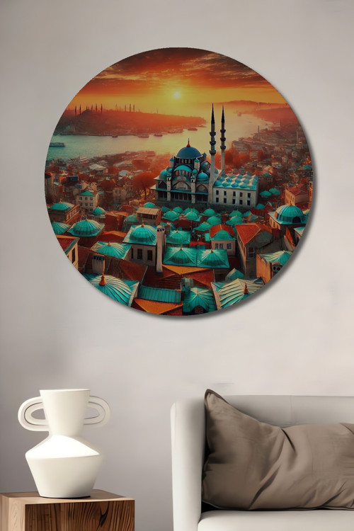 İstanbul Boğazı Manzarası Yağlı Boya Görünümlü Ahşap Dekoratif Yuvarlak Ev,İşyeri Duvar Tablo