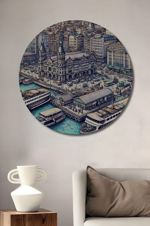 Kadıköy İskele Nostalji Yağlı Boya Görünümlü Dekoratif Ahşap Yuvarlak Ev,İşyeri Duvar Tablo