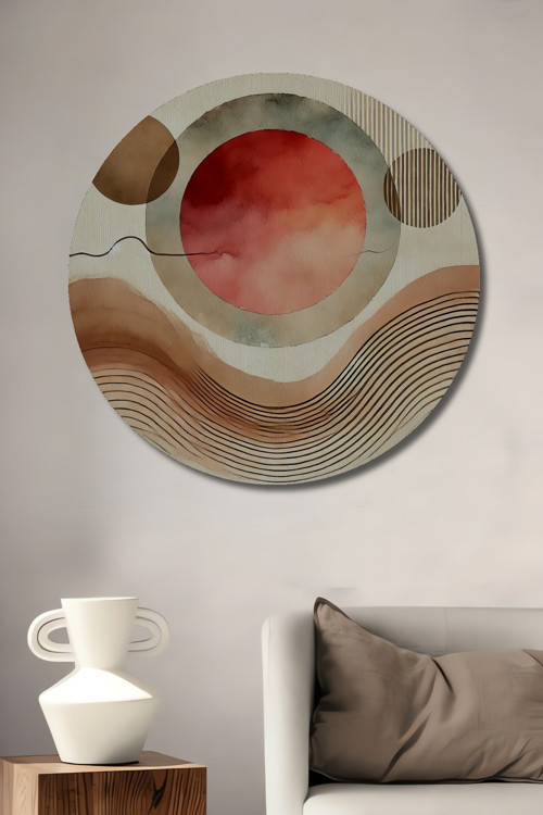 Modern Soyut Sanat Yağlı Boya Görünümlü Dekoratif Ahşap Yuvarlak Ev,İşyeri Duvar Tablo