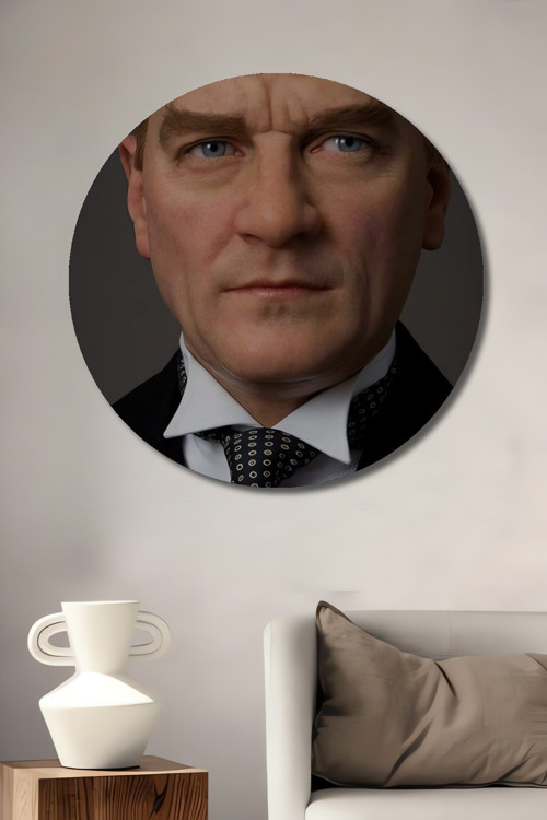 Atatürk Portresi Dekoratif Ahşap Mdf Yuvarlak Ev,İşyeri Duvar Tablo
