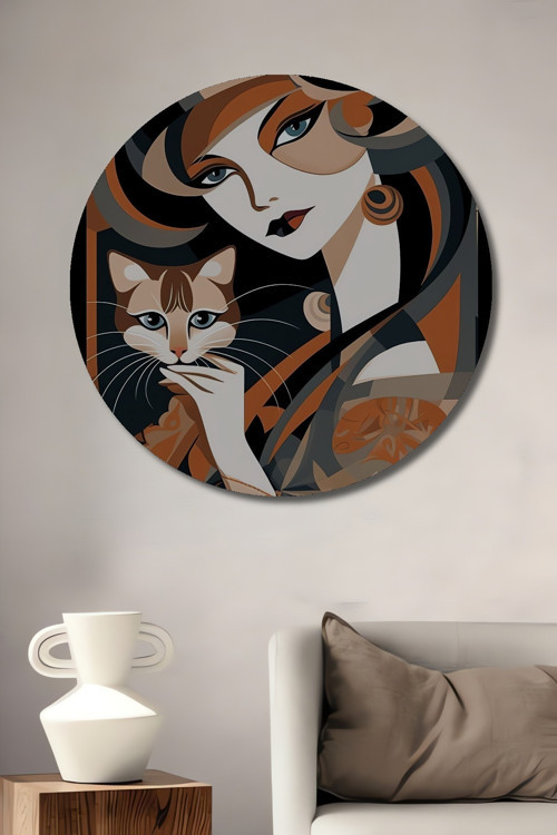 Gizemli Kadın Ve Kedi Dekoratif Ahşap Mdf Yuvarlak Ev,İşyeri Duvar Tablo