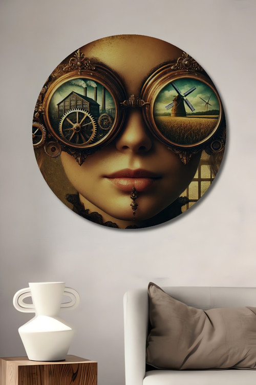 Steampunk Esintili Dekoratif Ahşap Mdf Yuvarlak Ev,İşyeri Duvar Tablo