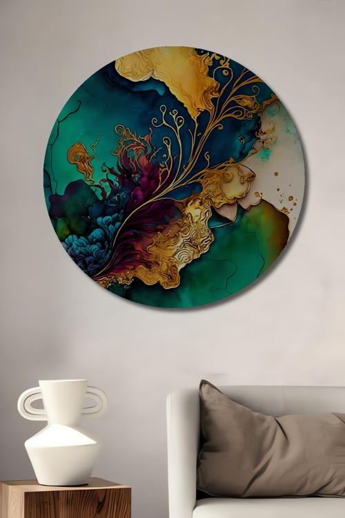 Altın Dallı Soyut Sanat Ahşap Mdf Dekoratif Yuvarlak Ev,İşyeri Duvar Tablo