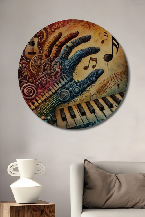 Müzikal Dokunuşlar Soyut Sanat Dekoratif Ahşap Mdf Yuvarlak Ev,İşyeri Duvar Tablo