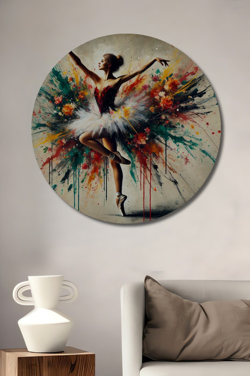Modern Sanat Balerin Çiçek Patlaması Dekoratif Ahşap Yuvarlak Ev,İşyeri Duvar Tablo