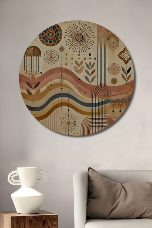Bohem Geometrik Desenler Dekoratif Ahşap Mdf Yuvarlak Ev,İşyeri Duvar Tablo