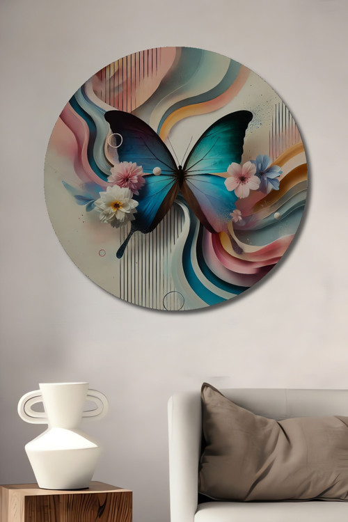 Renkli Kelebek Çiçek Modern Sanat Dekoratif Ahşap Mdf Yuvarlak Ev,İşyeri Duvar Tablo