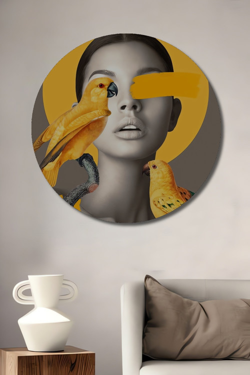 Sarı Papağanlı Modern Sanat Dekoratif Ahşap Mdf Yuvarlak Ev,İşyeri Duvar Tablo