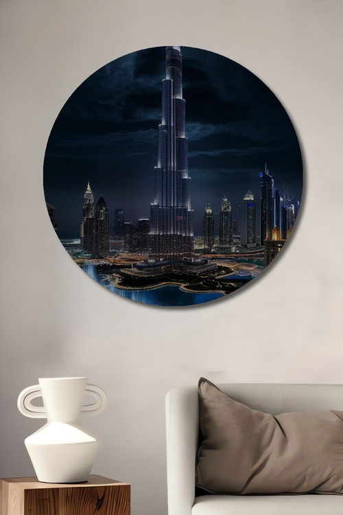 Burj Khalifa Gece Manzarası Ahşap Mdf Dekoratif Yuvarlak Ev,İşyeri Duvar Tablo