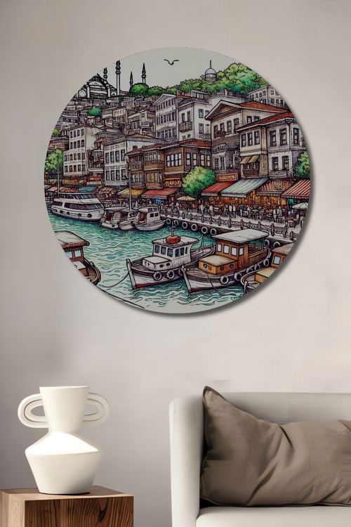 İstanbul Boğazı Vapurları Ahşap Mdf Dekoratif Yuvarlak Ev,İşyeri Duvar Tablo