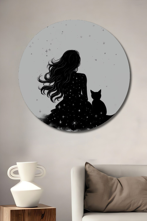 Yıldızlı Gece Kedi Ve Kadın Dekoratif Ahşap Mdf Yuvarlak Ev,İşyeri Duvar Tablo