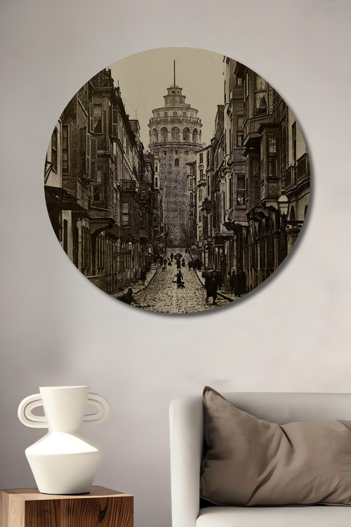 Galata Kulesi Retro Ahşap Mdf Dekoratif Yuvarlak Ev,İşyeri Duvar Tablo