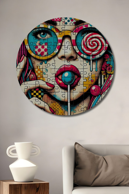 Renkli Pop Art Kadın Portresi Dekoratif Ahşap Mdf Yuvarlak Ev,İşyeri Duvar Tablo
