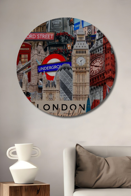 İngiltere Londra Şehir Manzarası Dekoratif Ahşap Mdf Yuvarlak Ev,İşyeri Duvar Tablo