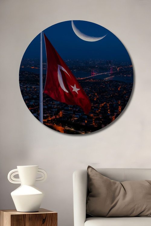 Türk Bayrağı Boğaz Manzarası Ahşap Mdf Dekoratif Yuvarlak Ev,İşyeri Duvar Tablo