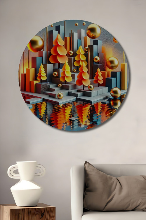 Üç Boyutlu Geometrik Modern Sanat Ahşap Mdf Dekoratif Yuvarlak Ev,İşyeri Duvar Tablo