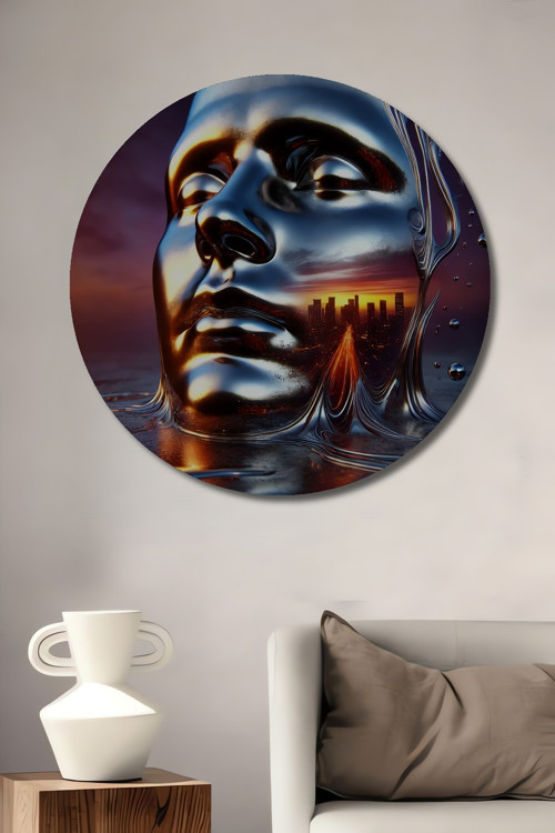 Metalik Yüz Silüeti Modern Sanat Dekoratif Ahşap Mdf Yuvarlak Ev,İşyeri Duvar Tablo