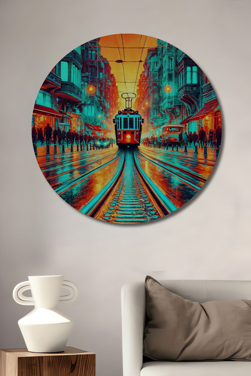 Nostaljik Tramvay Yağlı Boya Görünümlü Dekoratif Ahşap Yuvarlak Ev,İşyeri Duvar Tablo