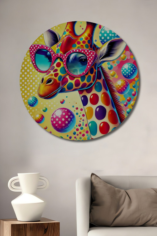 Renkli Zürafa Gözlük Modern Sanat Ahşap Mdf Dekoratif Yuvarlak Ev,İşyeri Duvar Tablo