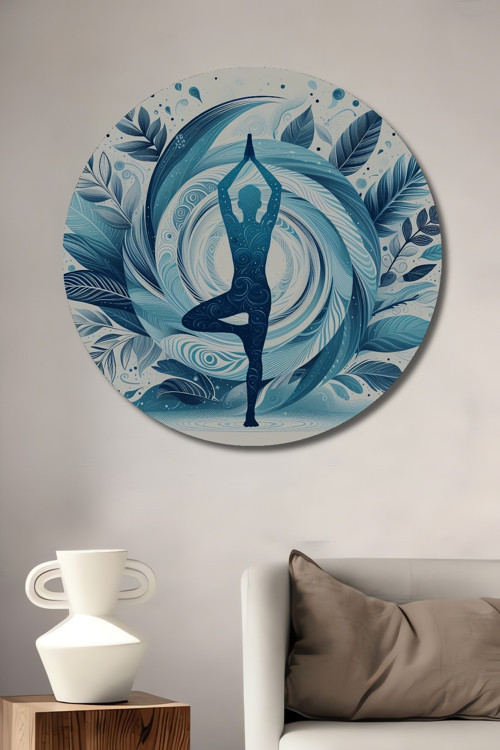 Yoga Pozunda Sanatçı Kadın Desenli Dekoratif Ahşap Mdf Yuvarlak Ev,İşyeri Duvar Tablo