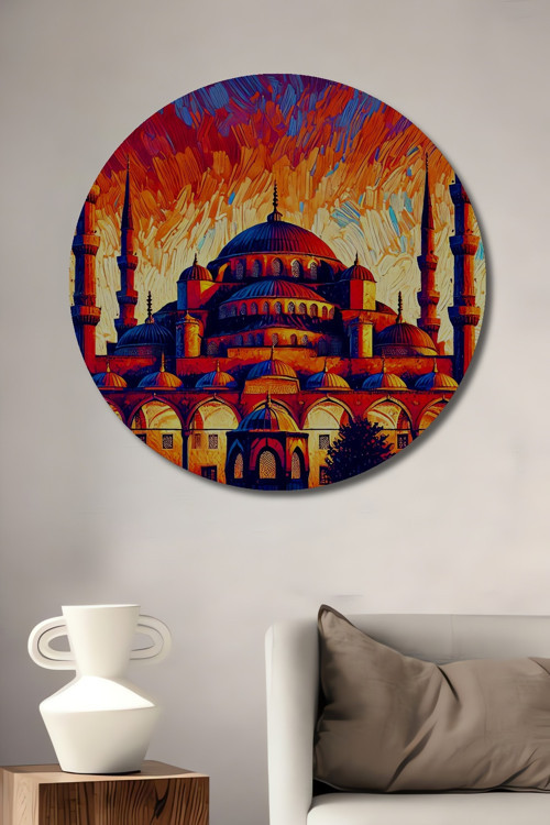 Sultanahmet Camii Yağlı Boya Dekoratif Ahşap Mdf Yuvarlak Ev,İşyeri Duvar Tablo