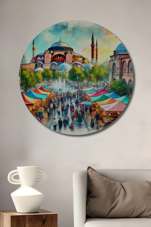 Ayasofya Çarşısı Yağlı Boya Görünümlü Dekoratif Ahşap Yuvarlak Ev,İşyeri Duvar Tablo
