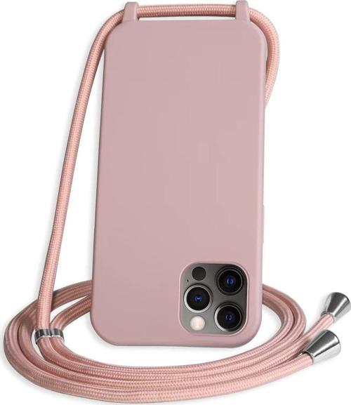 Apple Iphone 12 Pro Max Kılıf Içi Süet Korumalı Boyun Omuz Askılı Ipli Renkli Silikon Pembe(kum)