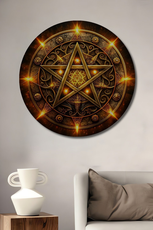Pentagram Simgesi Ahşap Mdf Dekoratif Yuvarlak Ev,İşyeri Duvar Tablo