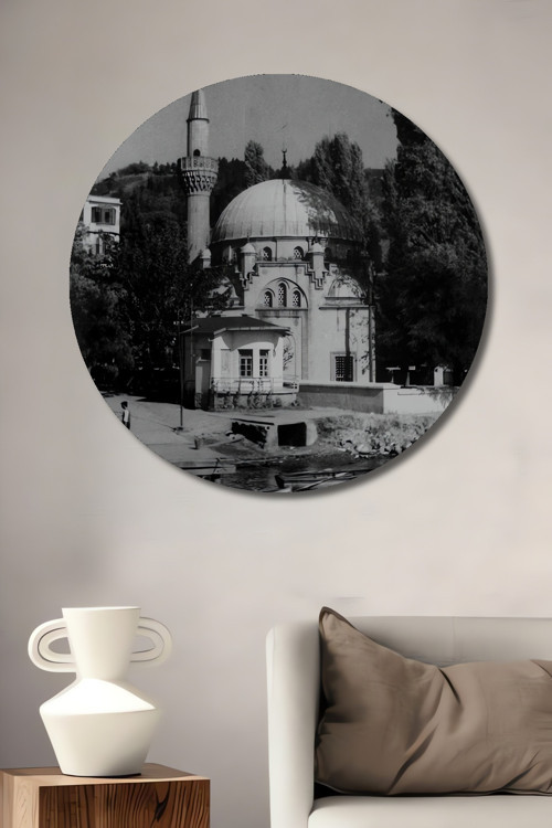 İstanbul Camii Siyah Beyaz Ahşap Mdf Dekoratif Yuvarlak Ev,İşyeri Duvar Tablo