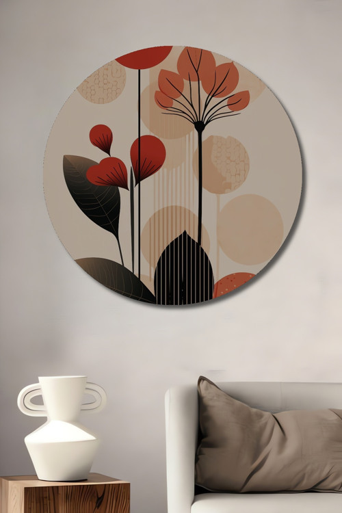 Minimalist Çiçek Desenli Ahşap Mdf Dekoratif Yuvarlak Ev,İşyeri Duvar Tablo