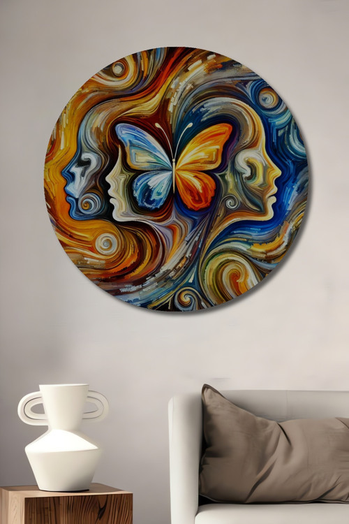 Kelebek Ruhu Soyut Sanat Yağlı Boya Görünümlü Dekoratif Ahşap Yuvarlak Ev,İşyeri Duvar Tablo