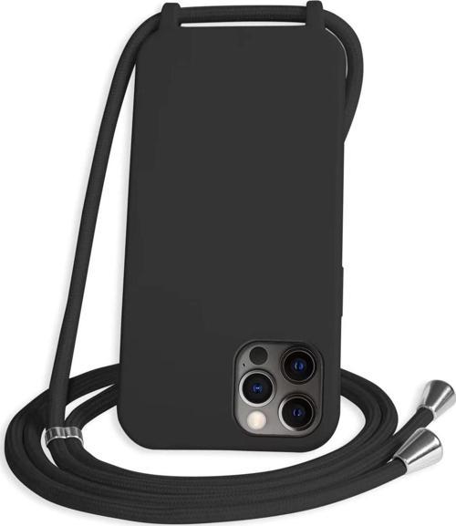 Apple Iphone 11 Pro Max Kılıf Içi Süet Korumalı Boyun Omuz Askılı Ipli Renkli Silikon Siyah